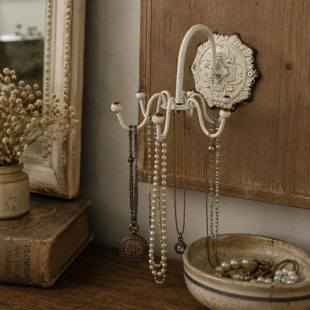 Pewter Jewelry Wall Hook Distressed White French Country 6-Hook Victorian Small